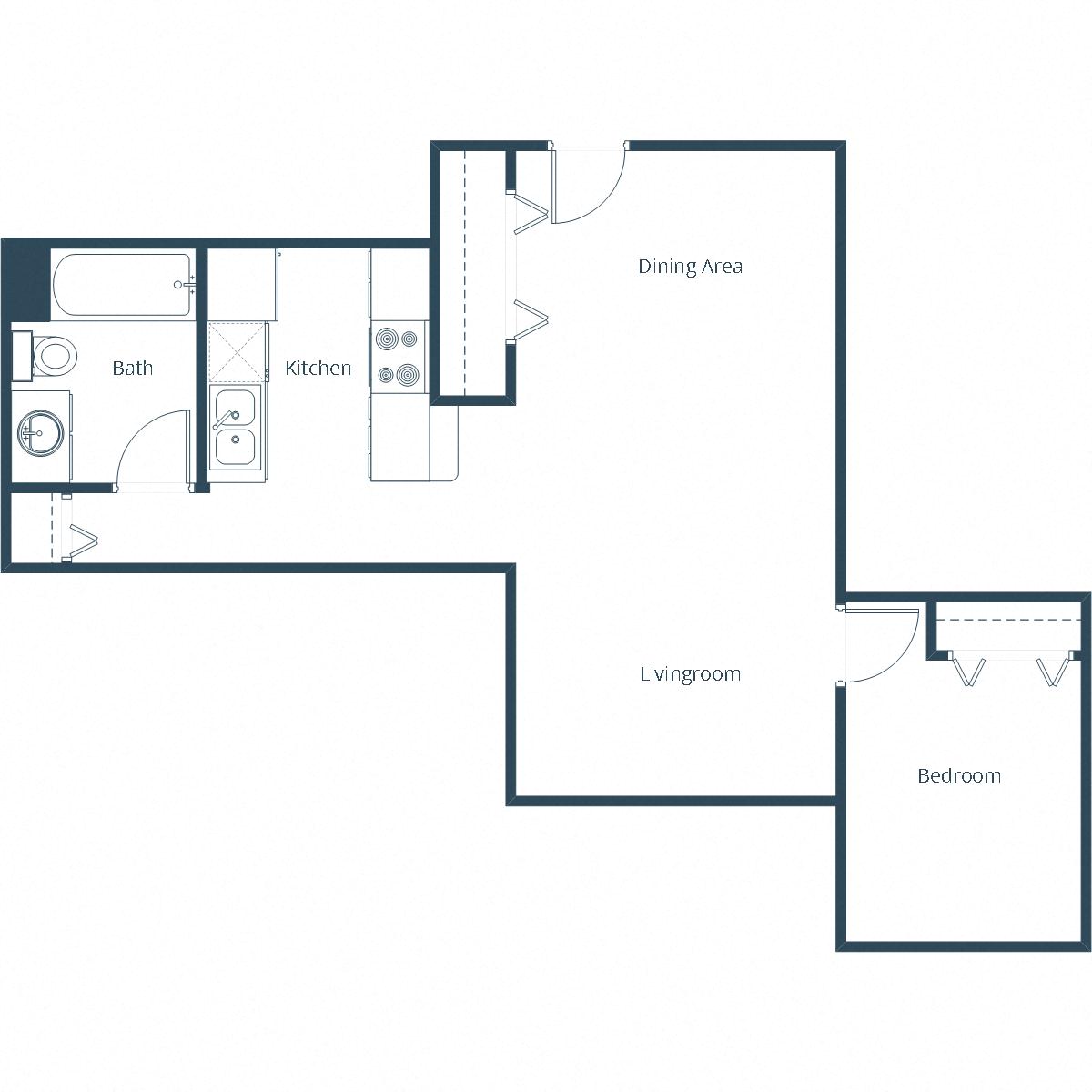 Floor plan for 1 bed, 1 bath, 675 sqft