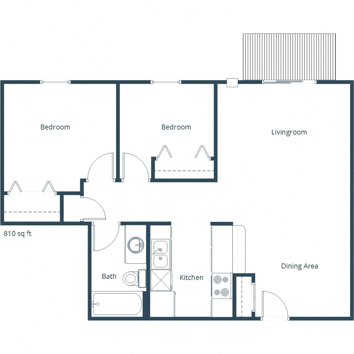 Floor plan for 2 beds, 1 bath, 810 sqft