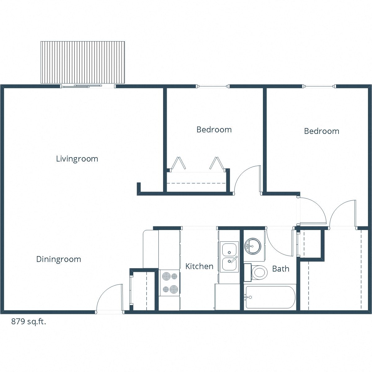 Floor plan for 2 beds, 1 bath, 879 sqft