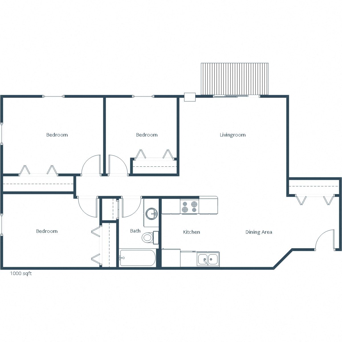 Floor plan for 3 beds, 1 bath, 1000 sqft