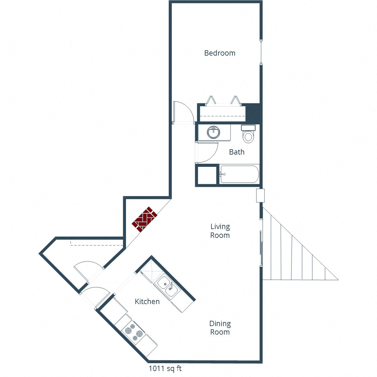 Floor plan for 1 bed, 1 bath, 1011 sqft