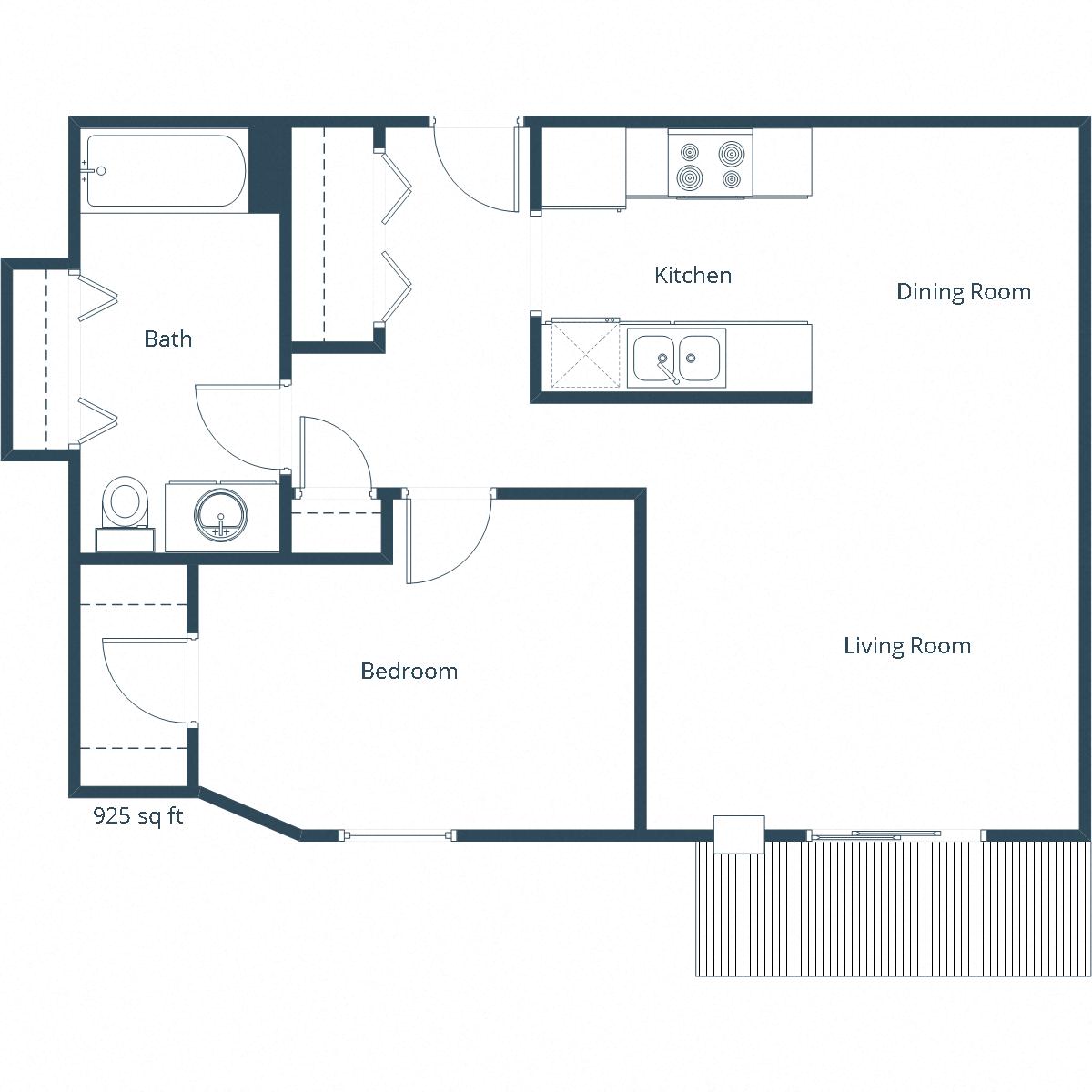 Floor plan for 1 bed, 1 bath, 925 sqft