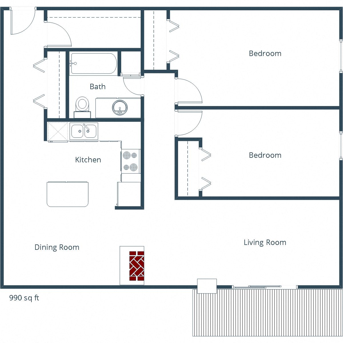 Floor plan for 2 beds, 1 bath, 1295 sqft