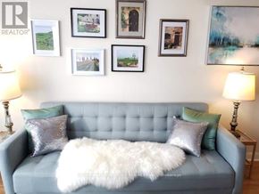 Toronto (Bendale) condo for rent - A grey couch with a white furry throw on it.