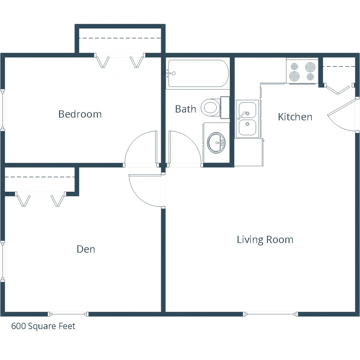 Floor plan for 1 bed, 1 bath, 500 sqft