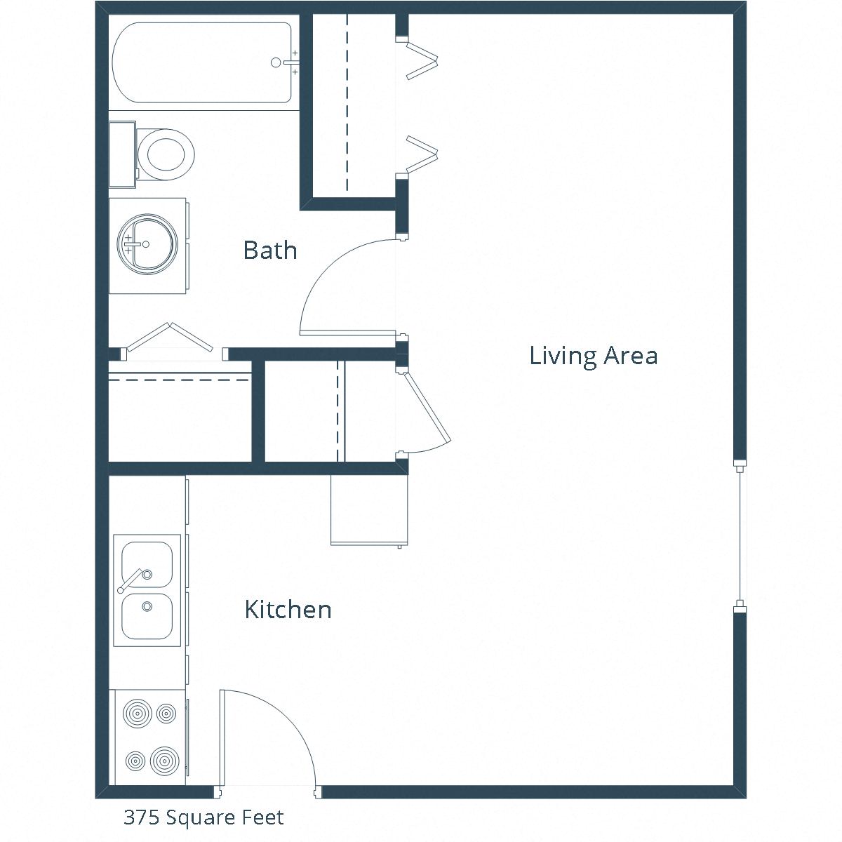 Floor plan for studio, 1 bath, 375 sqft