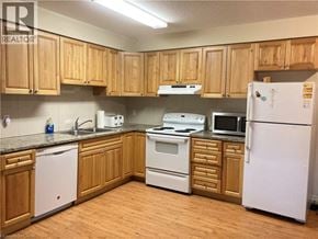 Waterloo condo for rent - A kitchen with wooden cabinets and white appliances.