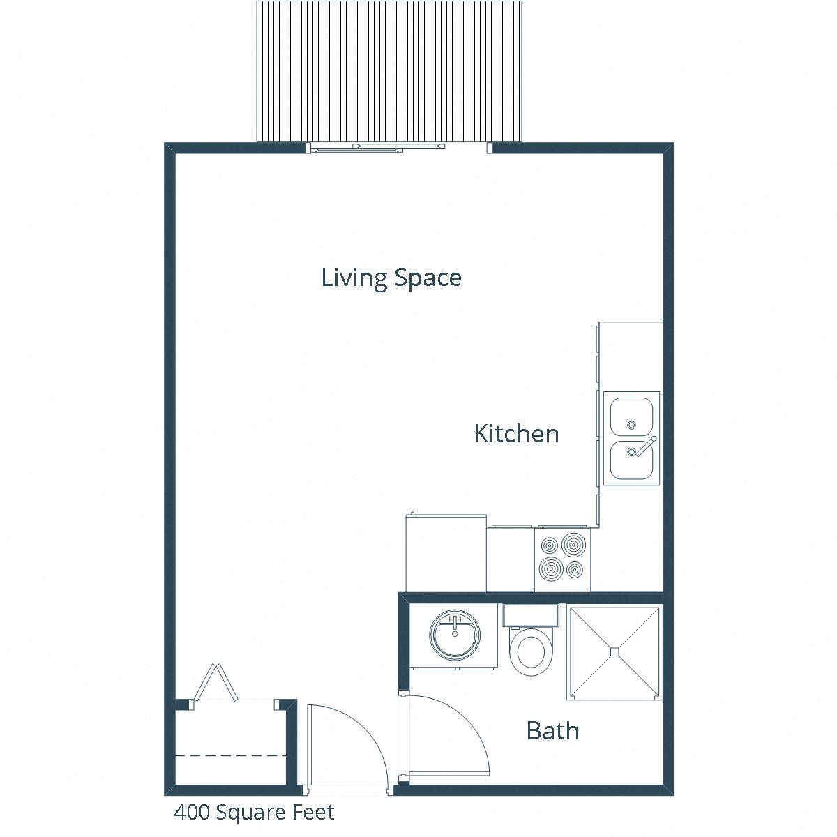 Floor plan for studio, 1 bath, 400 sqft