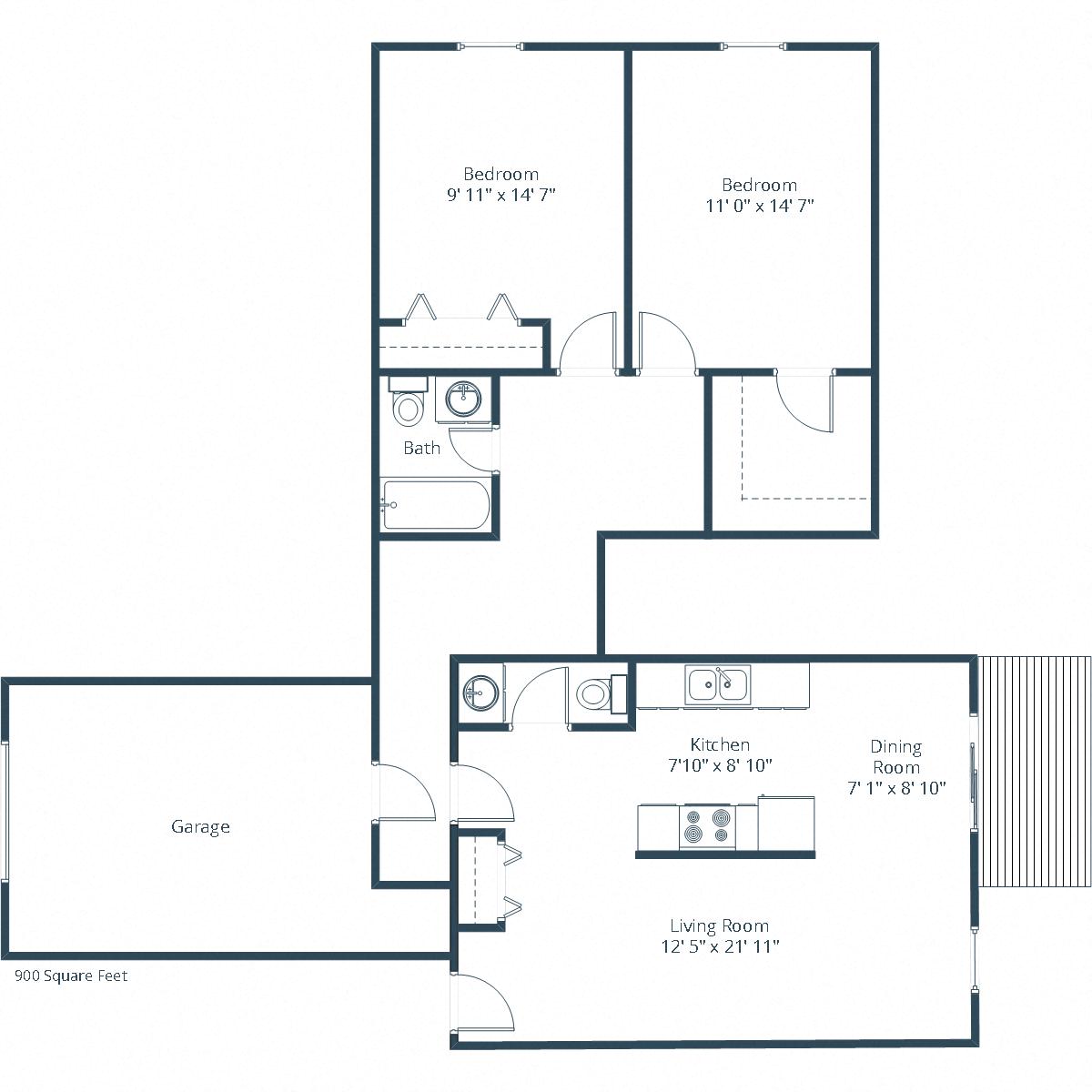 Floor plan for 2 beds, 1.5 baths, 900 sqft