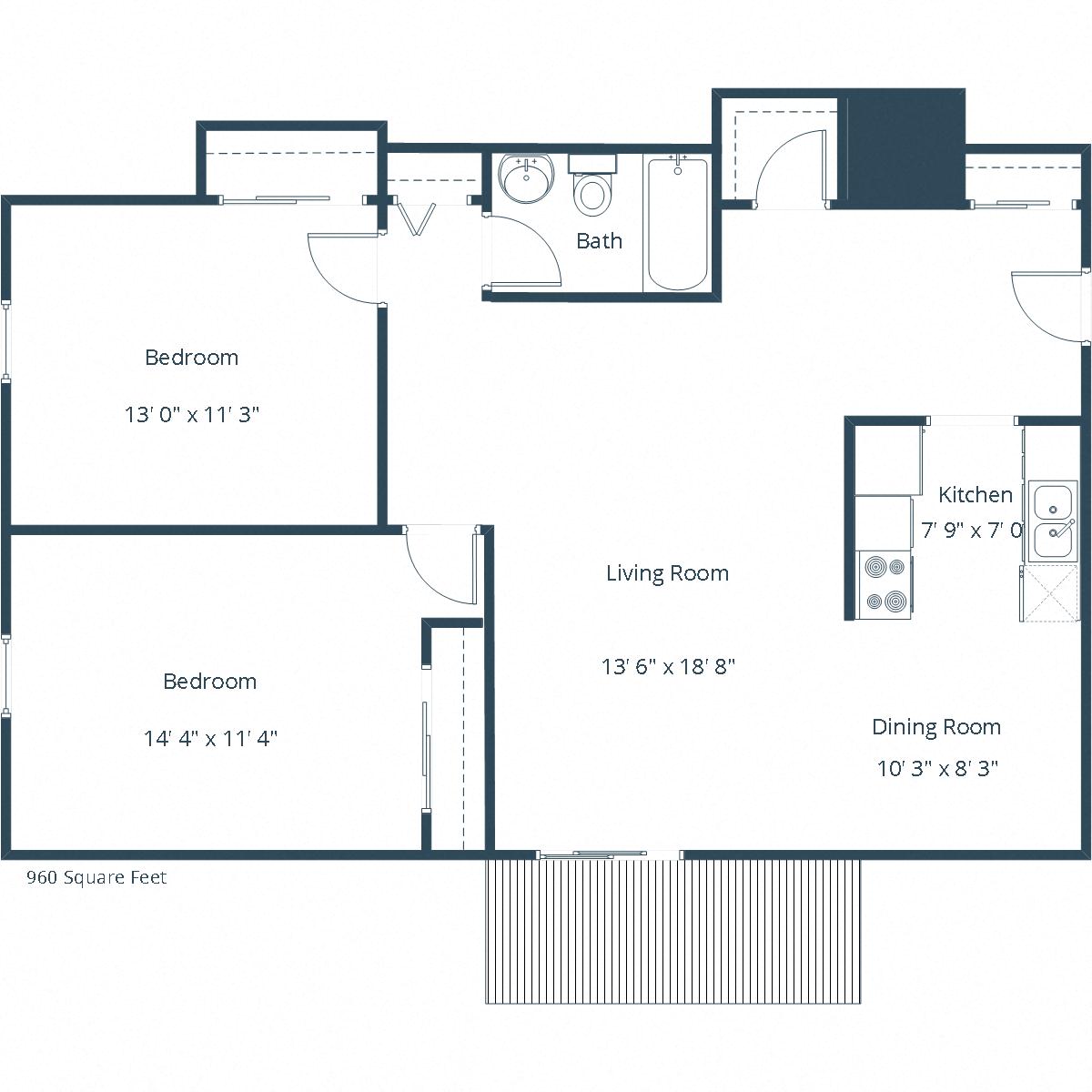 Floor plan for 2 beds, 1 bath, 960 sqft