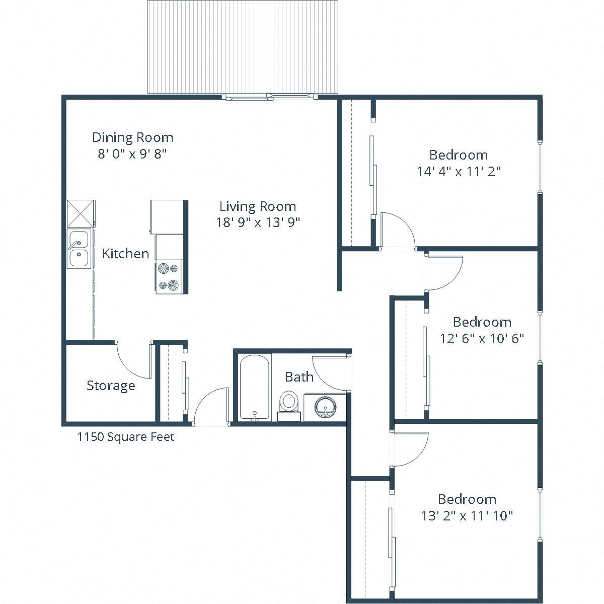 Floor plan for 3 beds, 1 bath, 1150 sqft