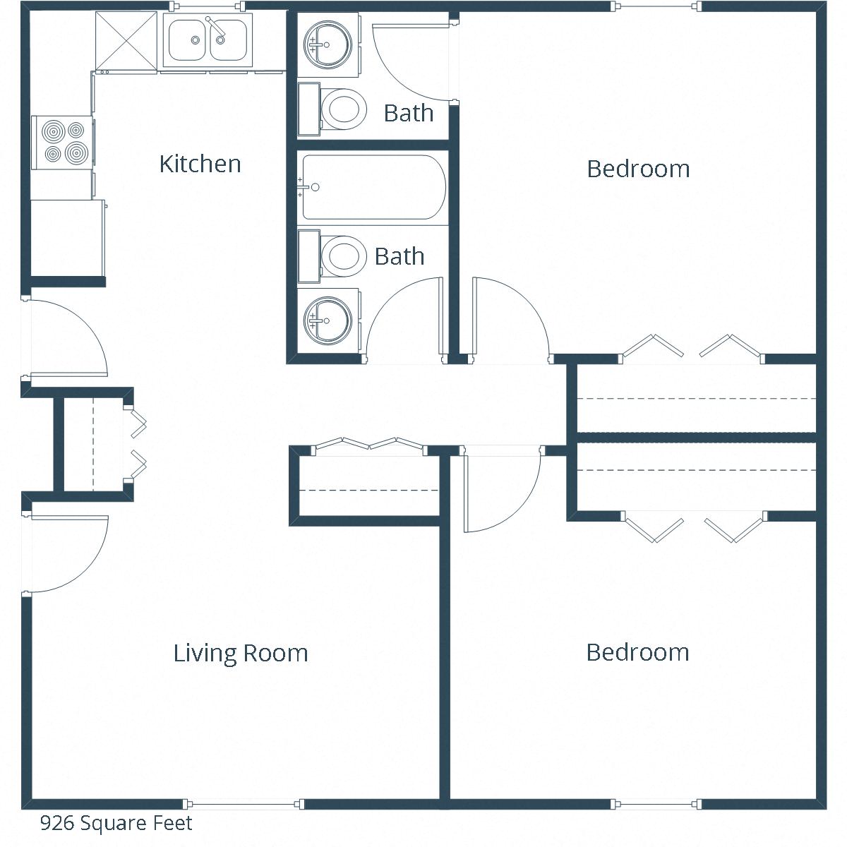 Floor plan for 2 beds, 1.5 baths, 926 sqft
