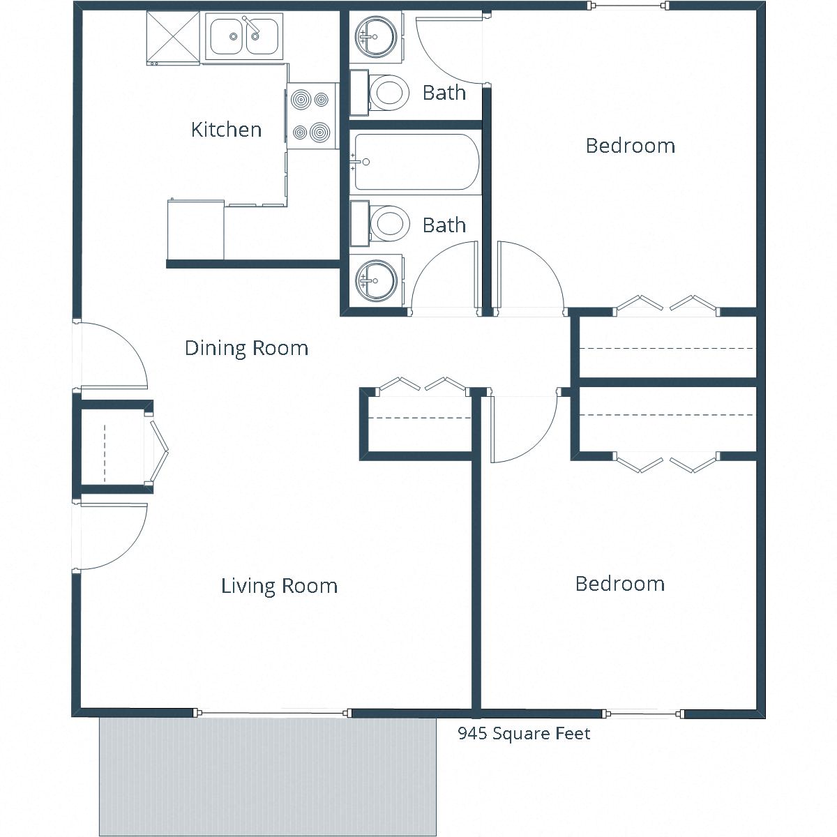 Floor plan for 2 beds, 1.5 baths, 945 sqft