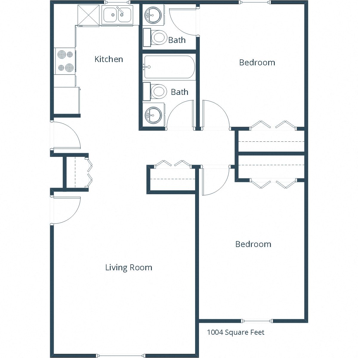 Floor plan for 2 beds, 1.5 baths, 1004 sqft