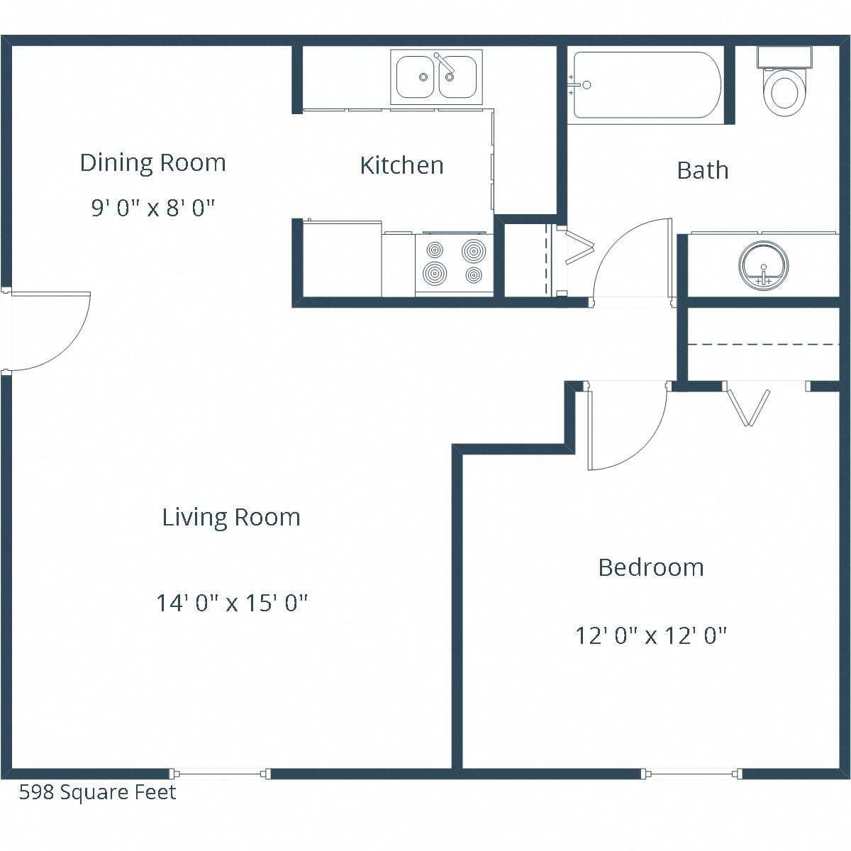 Floor plan for 1 bed, 1 bath, 775 sqft