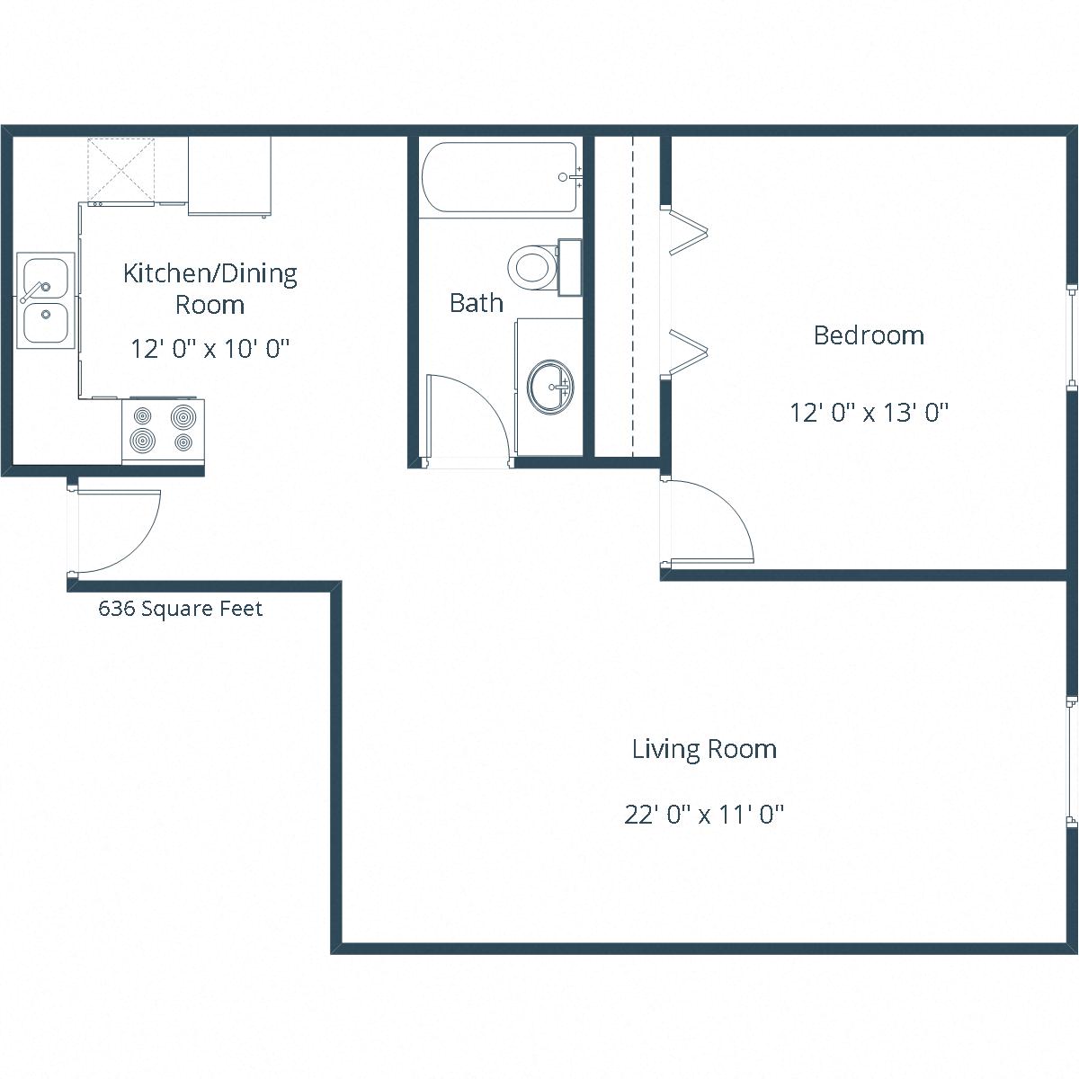 Floor plan for 1 bed, 1 bath, 456 sqft