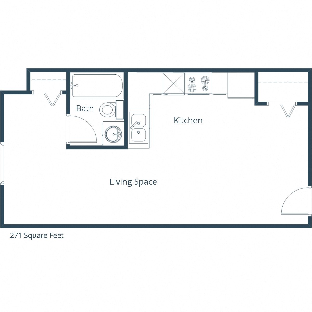 Floor plan for studio, 1 bath, 271 sqft