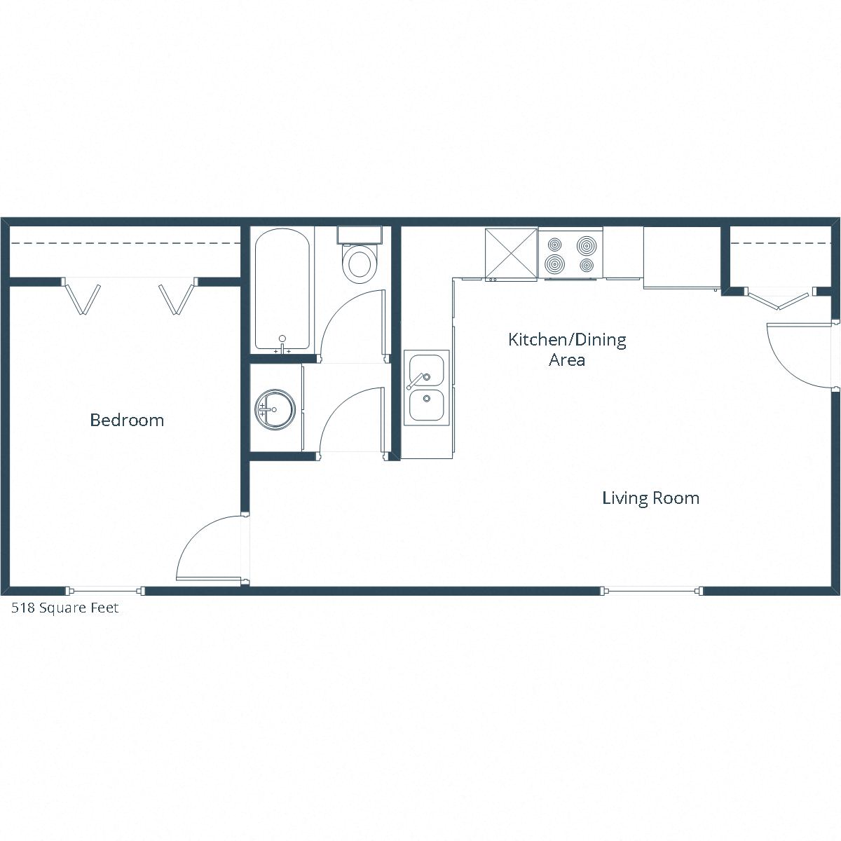 Floor plan for 1 bed, 1 bath, 518 sqft