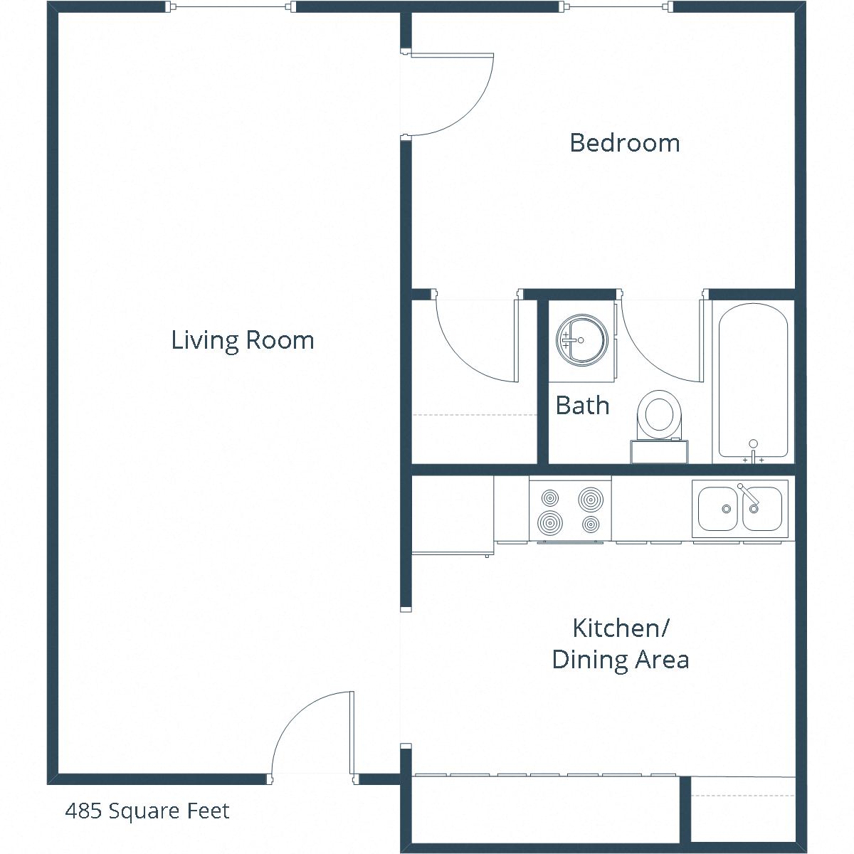 Floor plan for 1 bed, 1 bath, 530 sqft