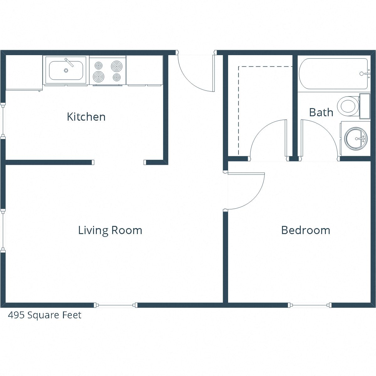 Floor plan for 1 bed, 1 bath, 485 sqft