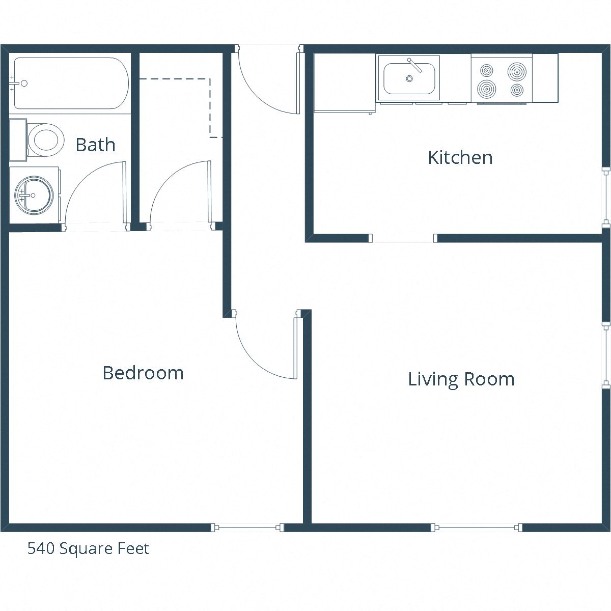 Floor plan for 1 bed, 1 bath, 540 sqft