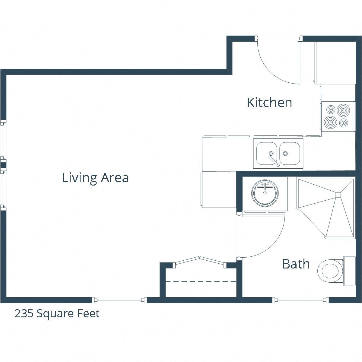 Floor plan for studio, 1 bath, 235 sqft