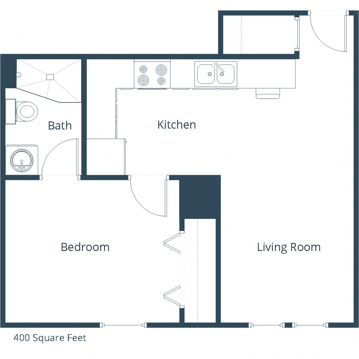 Floor plan for 1 bed, 1 bath, 400 sqft