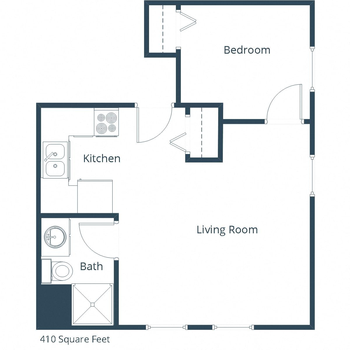 Floor plan for 1 bed, 1 bath, 335 sqft