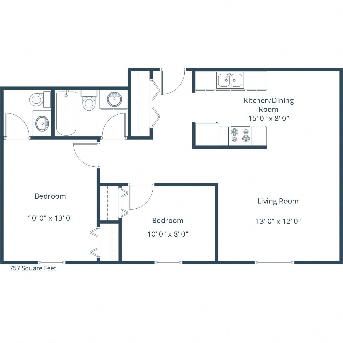 Floor plan for 2 beds, 1.5 baths, 757 sqft