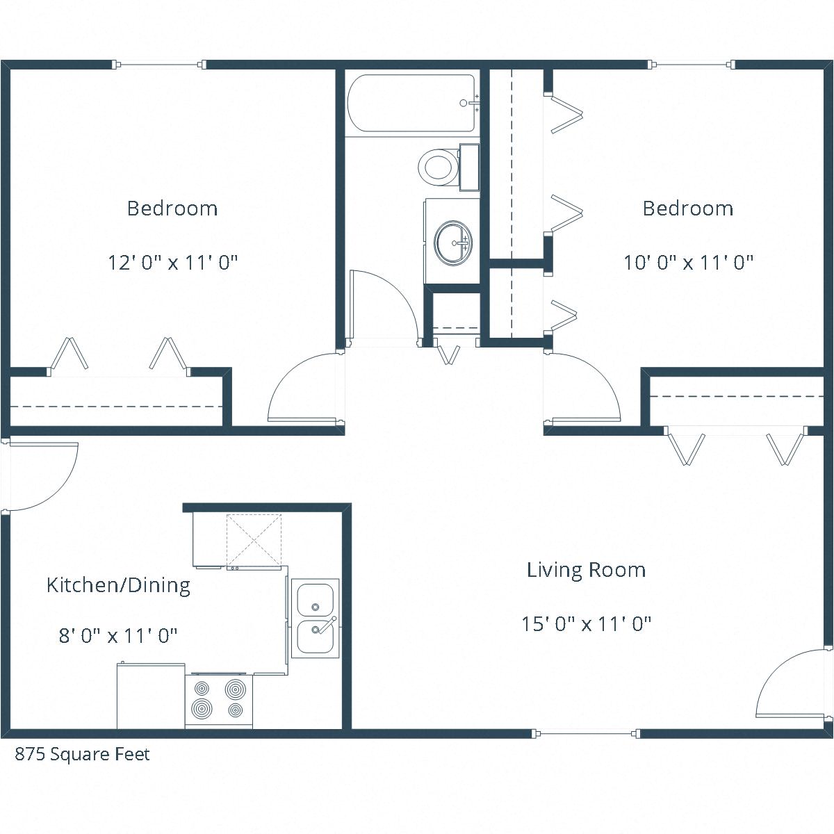 Floor plan for 2 beds, 1 bath, 875 sqft
