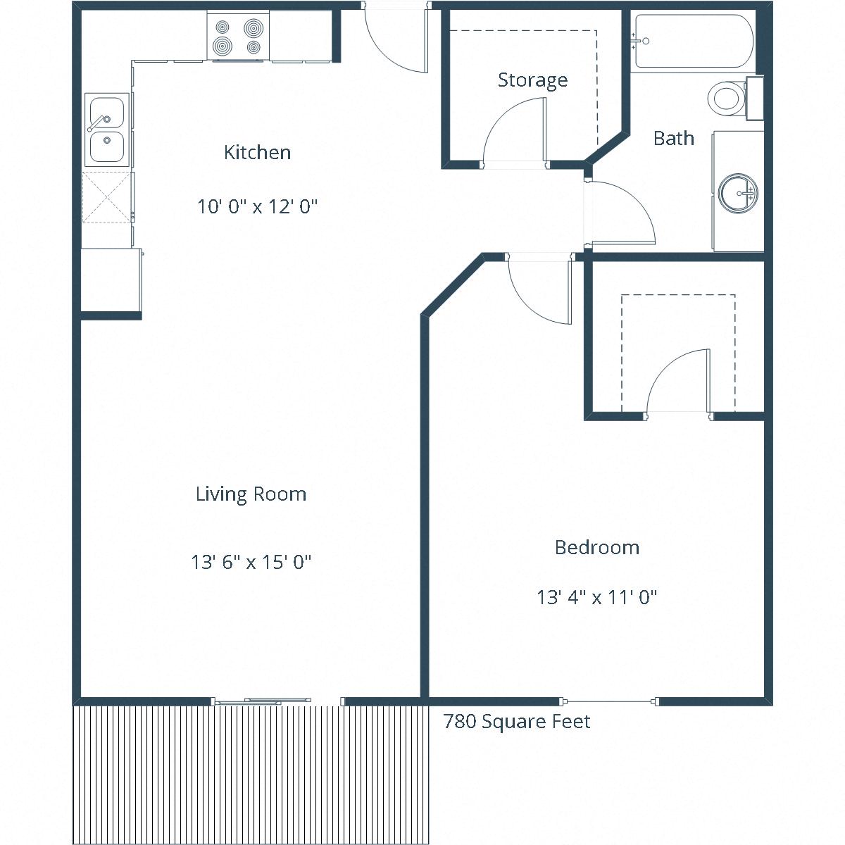 Floor plan for 1 bed, 1 bath, 782 sqft