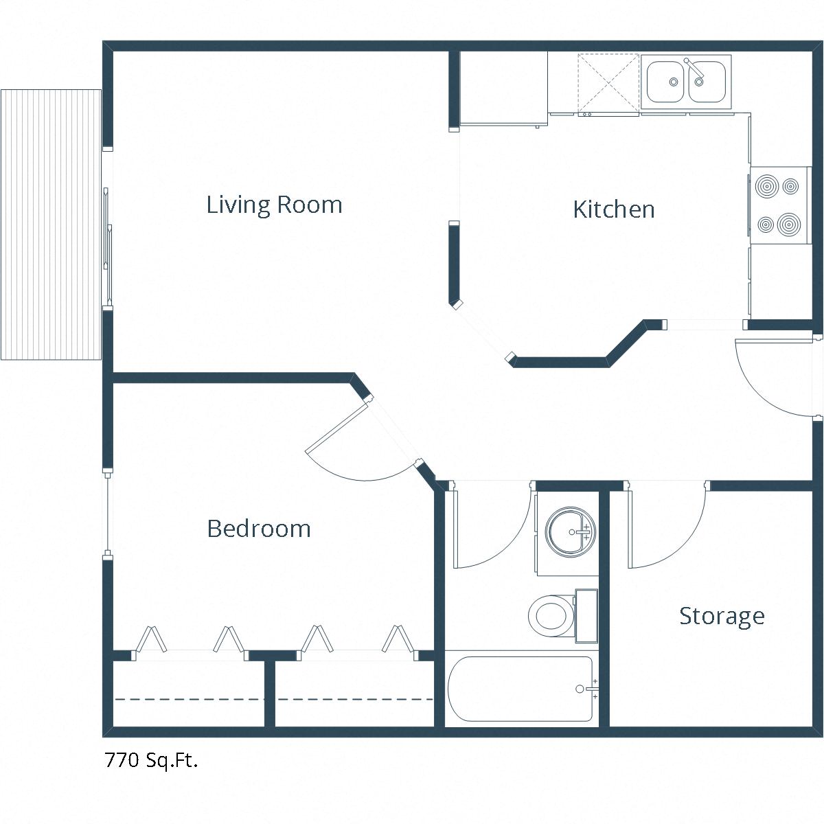 Floor plan for 1 bed, 1 bath, 770 sqft
