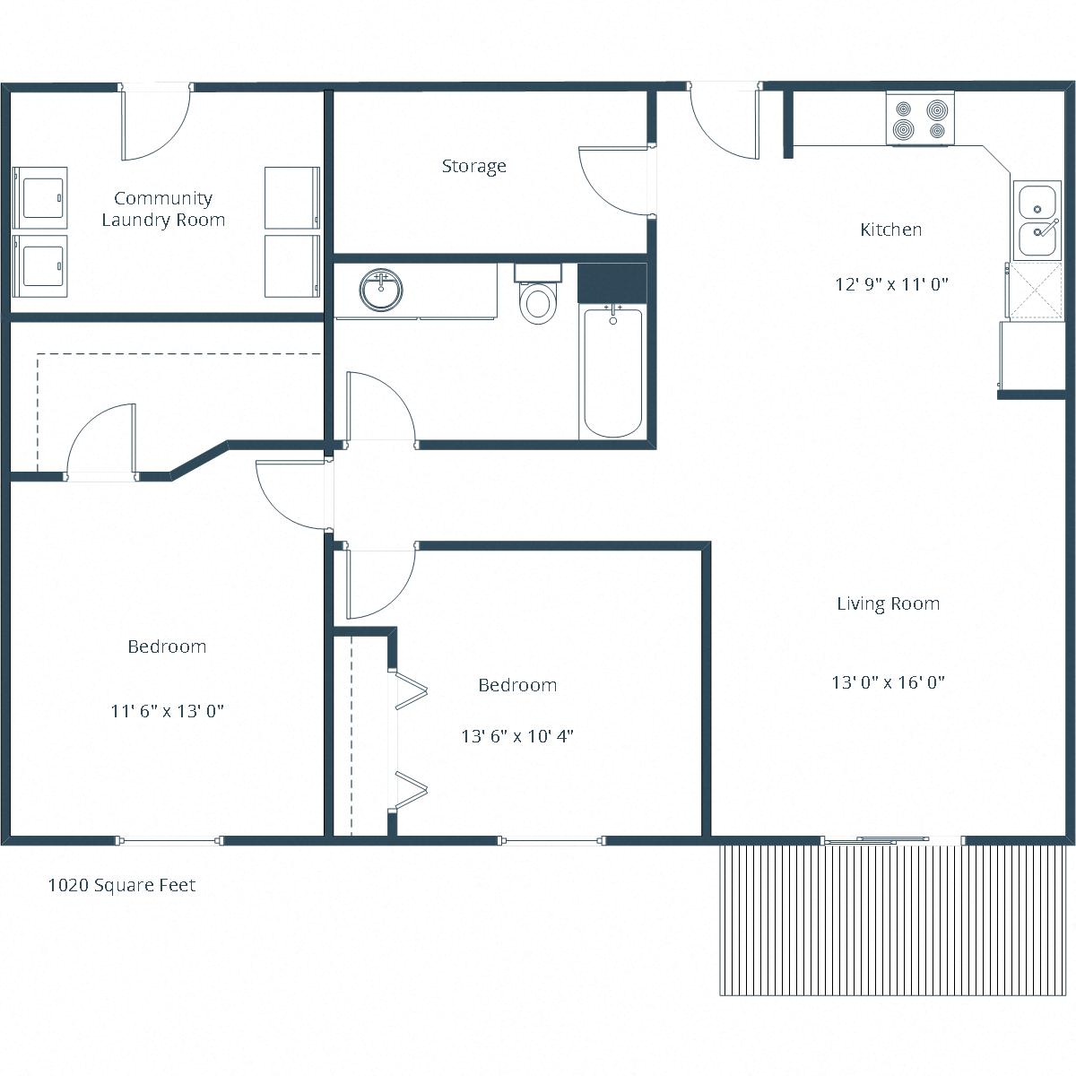 Floor plan for 2 beds, 1 bath, 1020 sqft