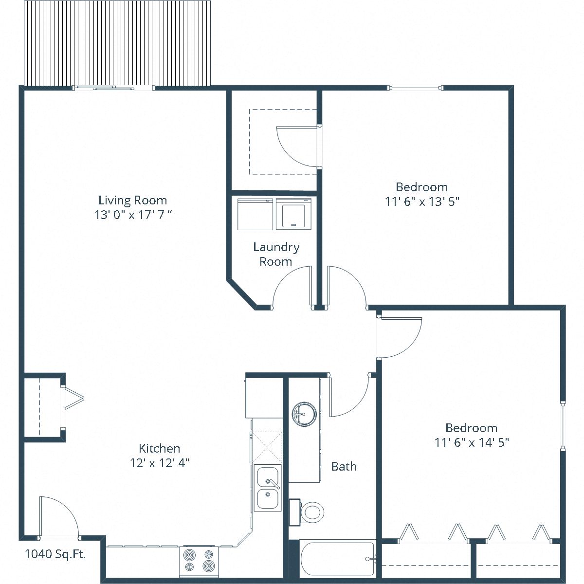 Floor plan for 2 beds, 1 bath