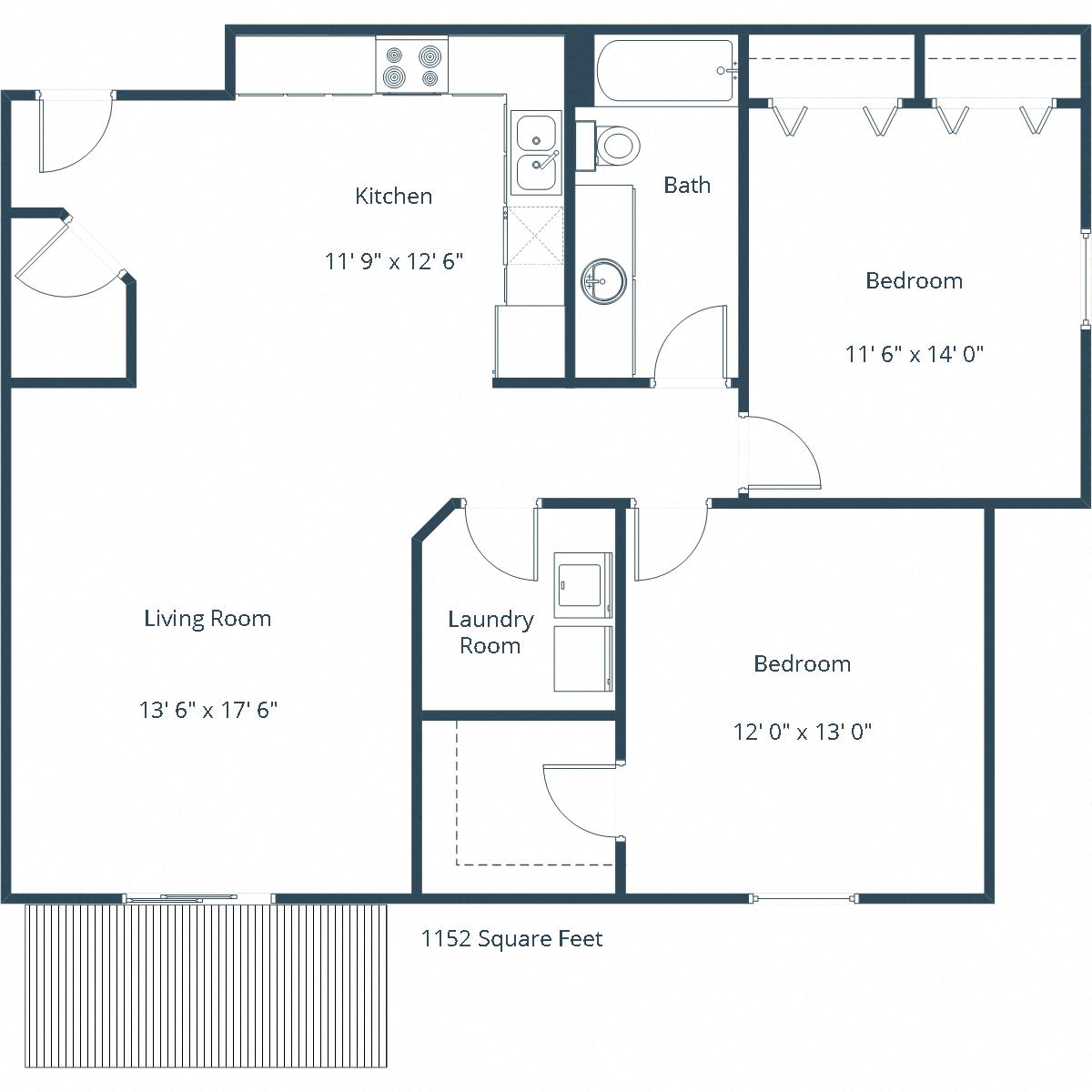 Floor plan for 2 beds, 1 bath, 1040 sqft