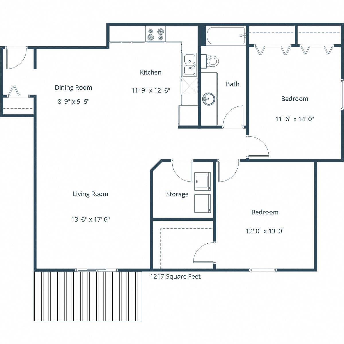 Floor plan for 2 beds, 1 bath, 1152 sqft