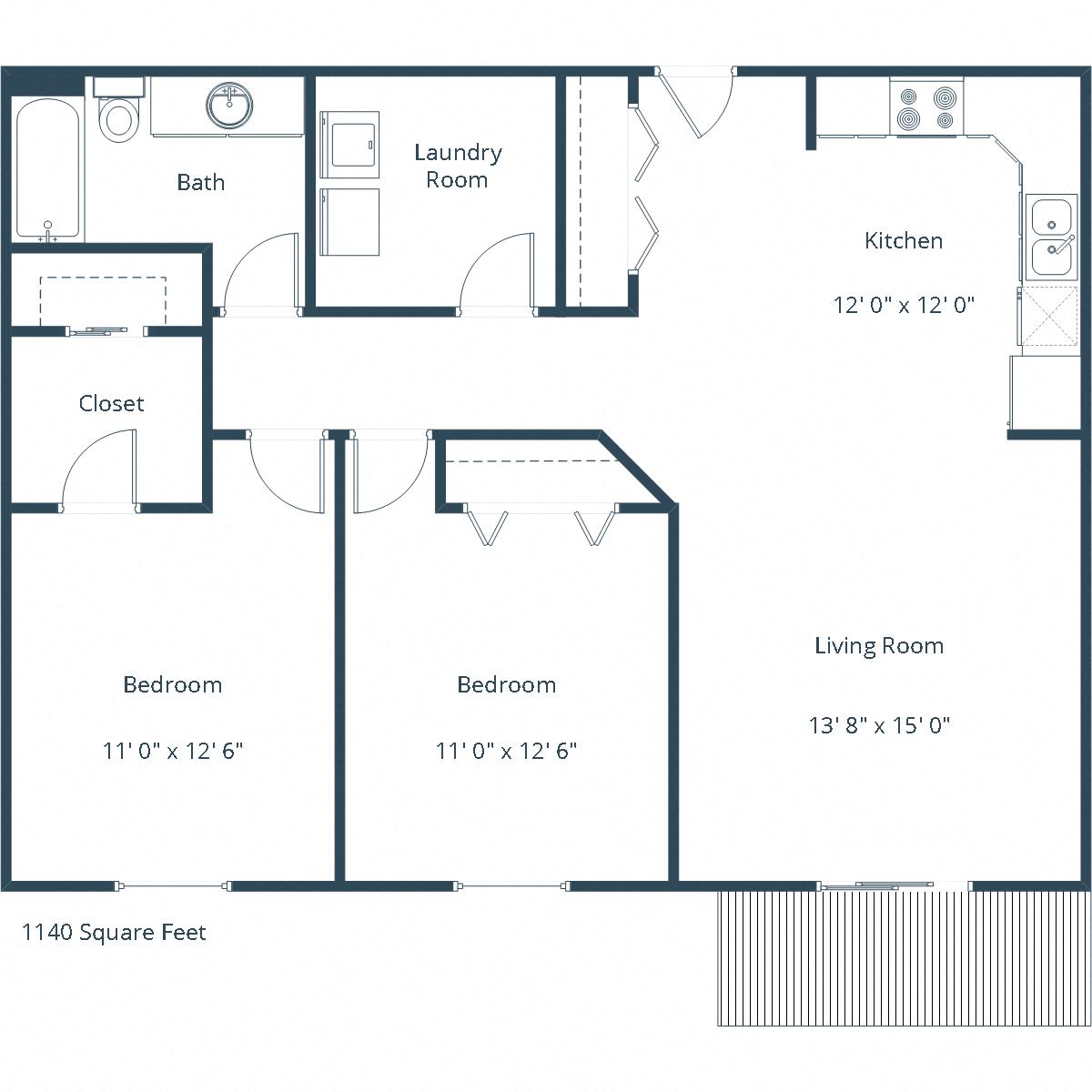 Floor plan for 2 beds, 1 bath, 1217 sqft
