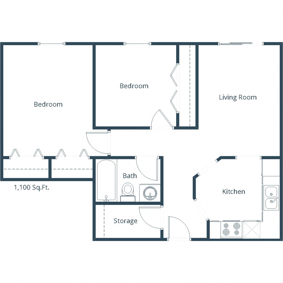 Floor plan for 2 beds, 1 bath, 1140 sqft