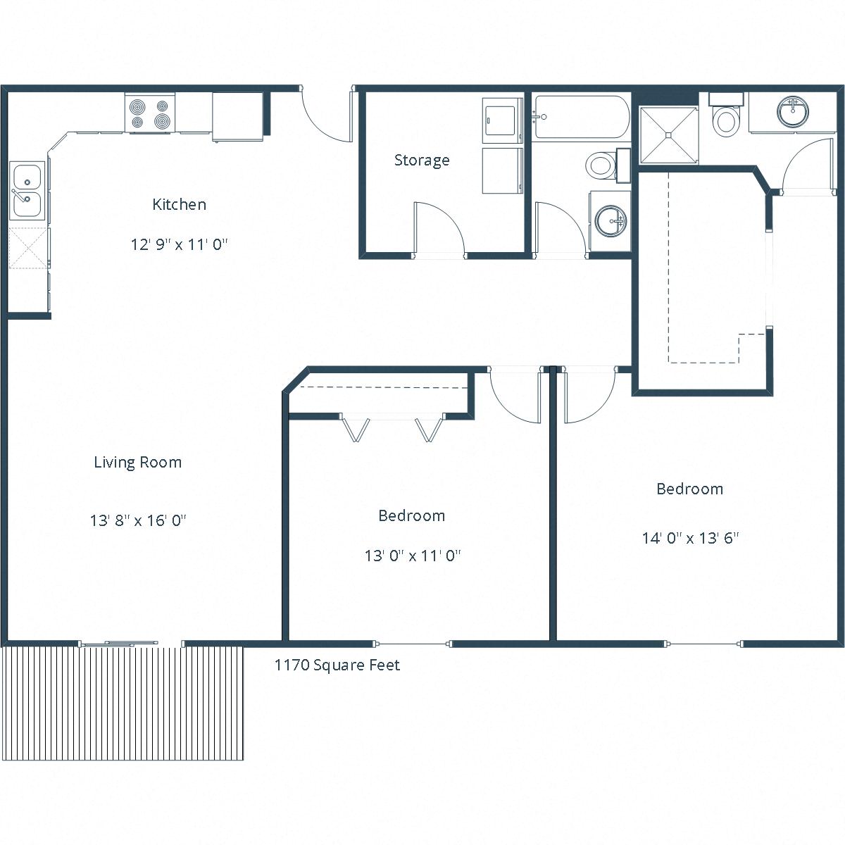 Floor plan for 2 beds, 2 baths, 1170 sqft