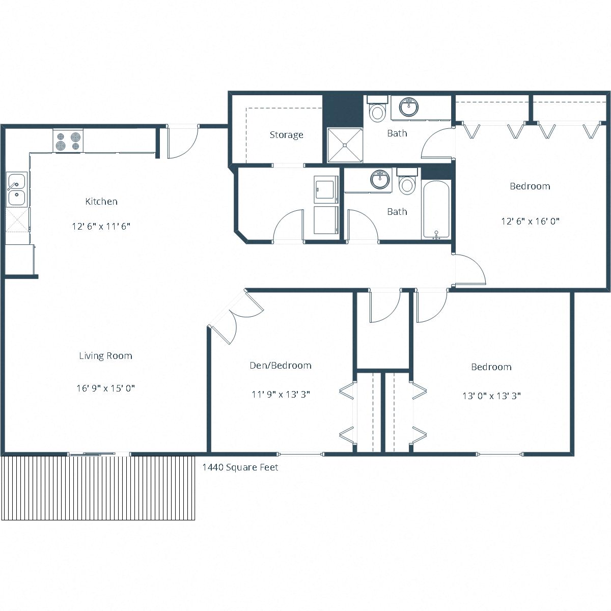 Floor plan for 3 beds, 1.8 baths, 1440 sqft