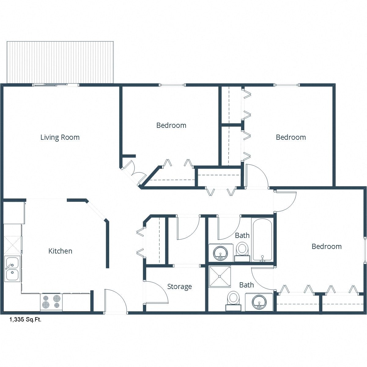 Floor plan for 3 beds, 2 baths, 1440 sqft