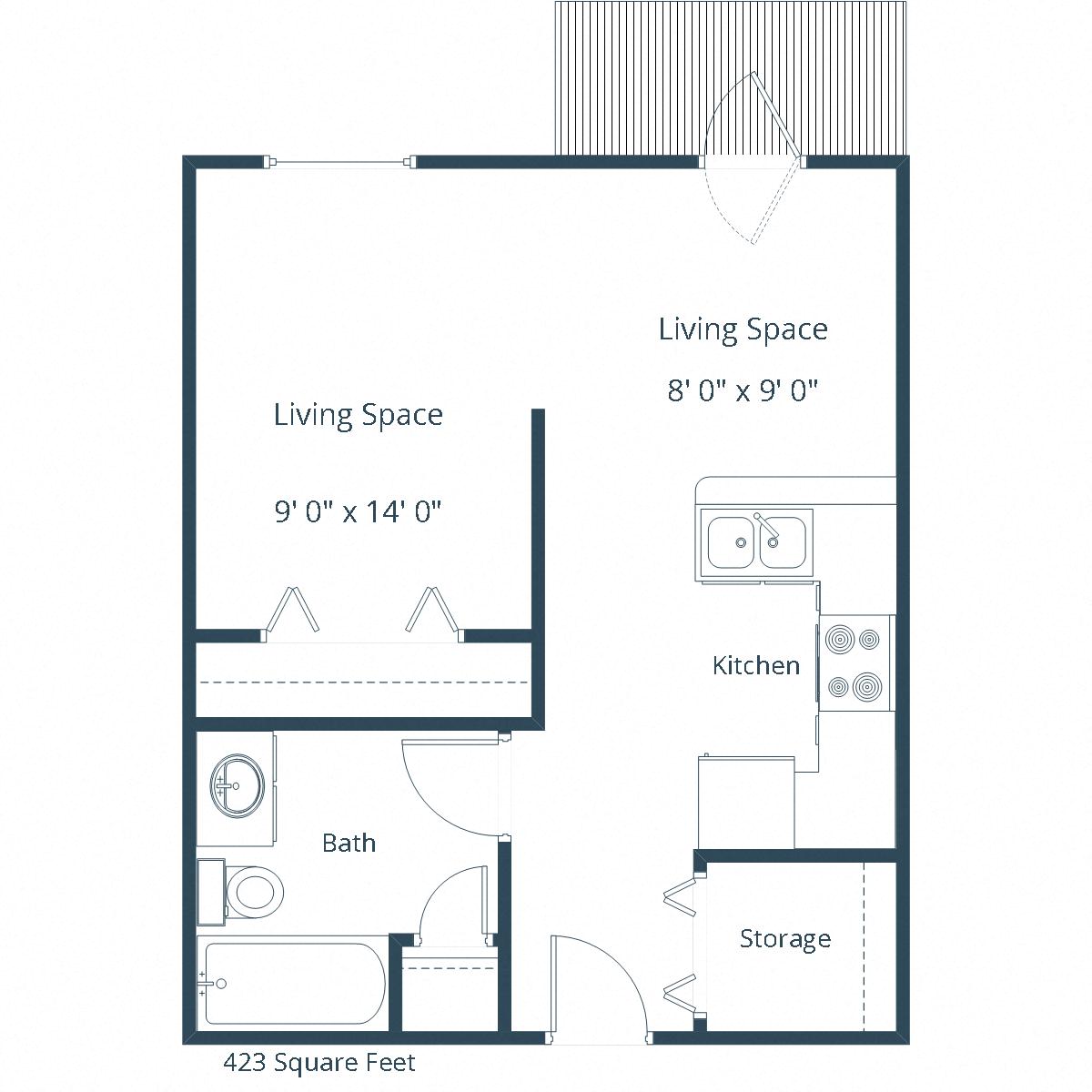 Floor plan for studio, 1 bath, 423 sqft