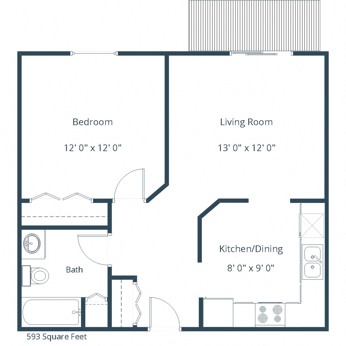 Floor plan for 1 bed, 1 bath, 593 sqft