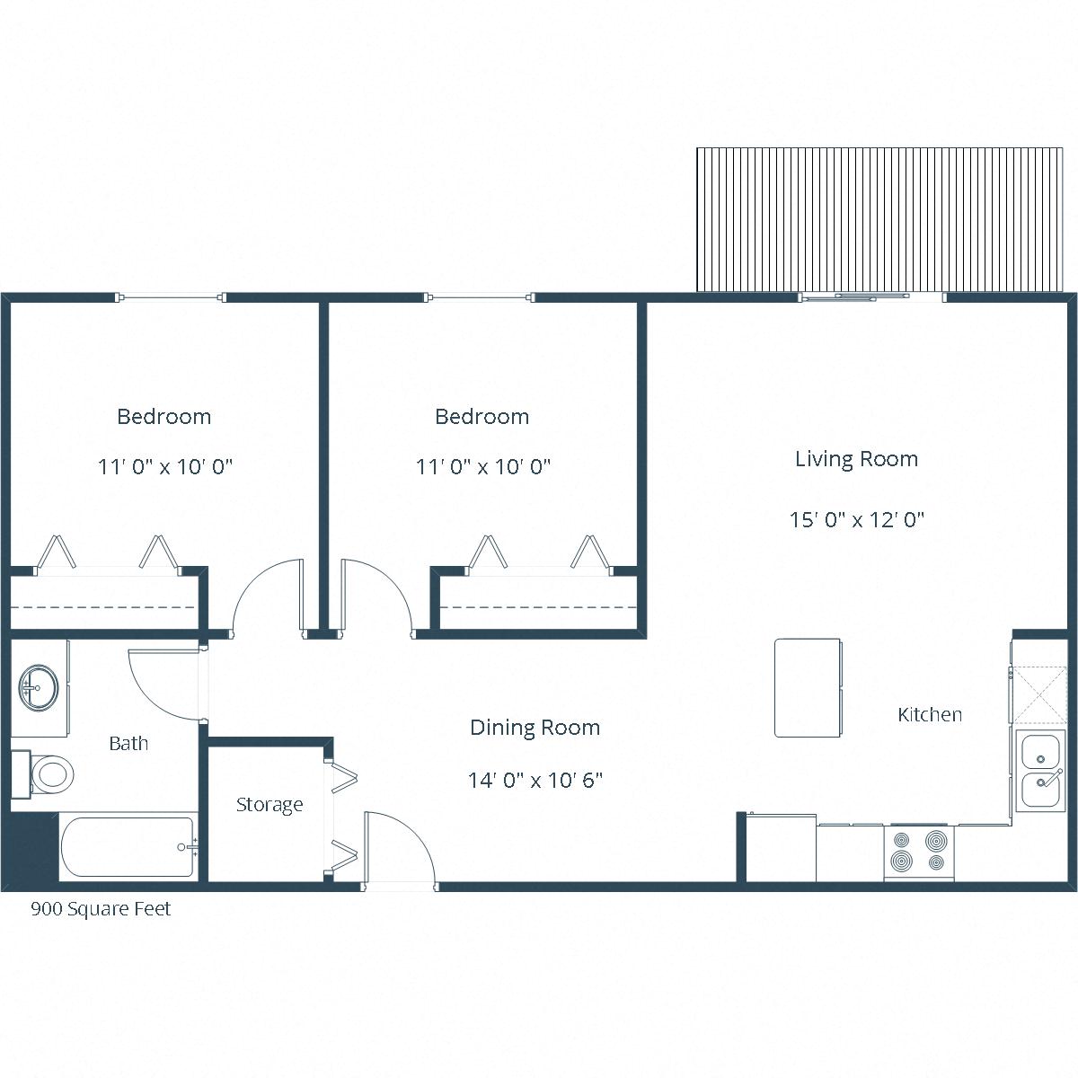 Floor plan for 2 beds, 1 bath, 900 sqft