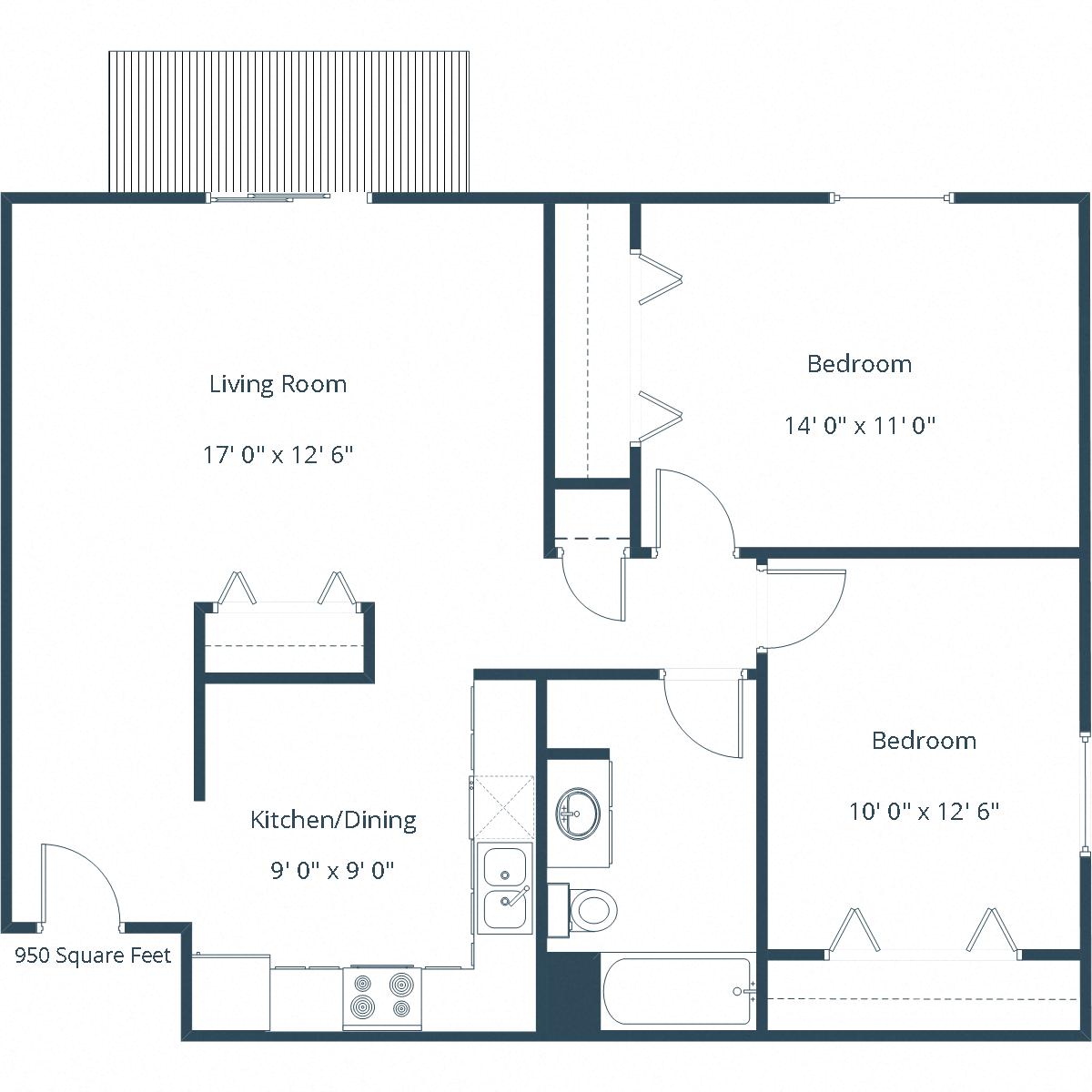 Floor plan for 2 beds, 1 bath, 950 sqft