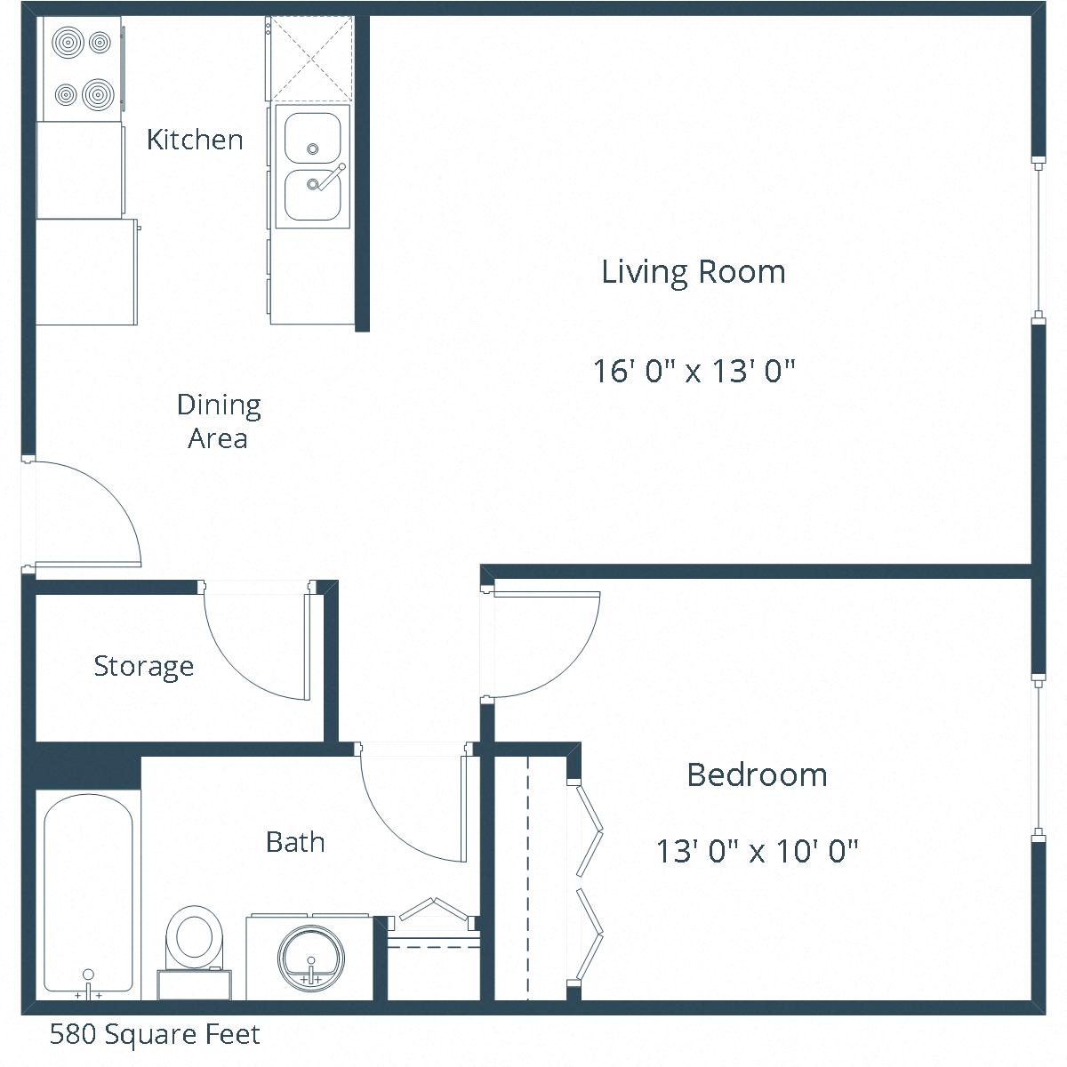 Floor plan for 1 bed, 1 bath, 593 sqft