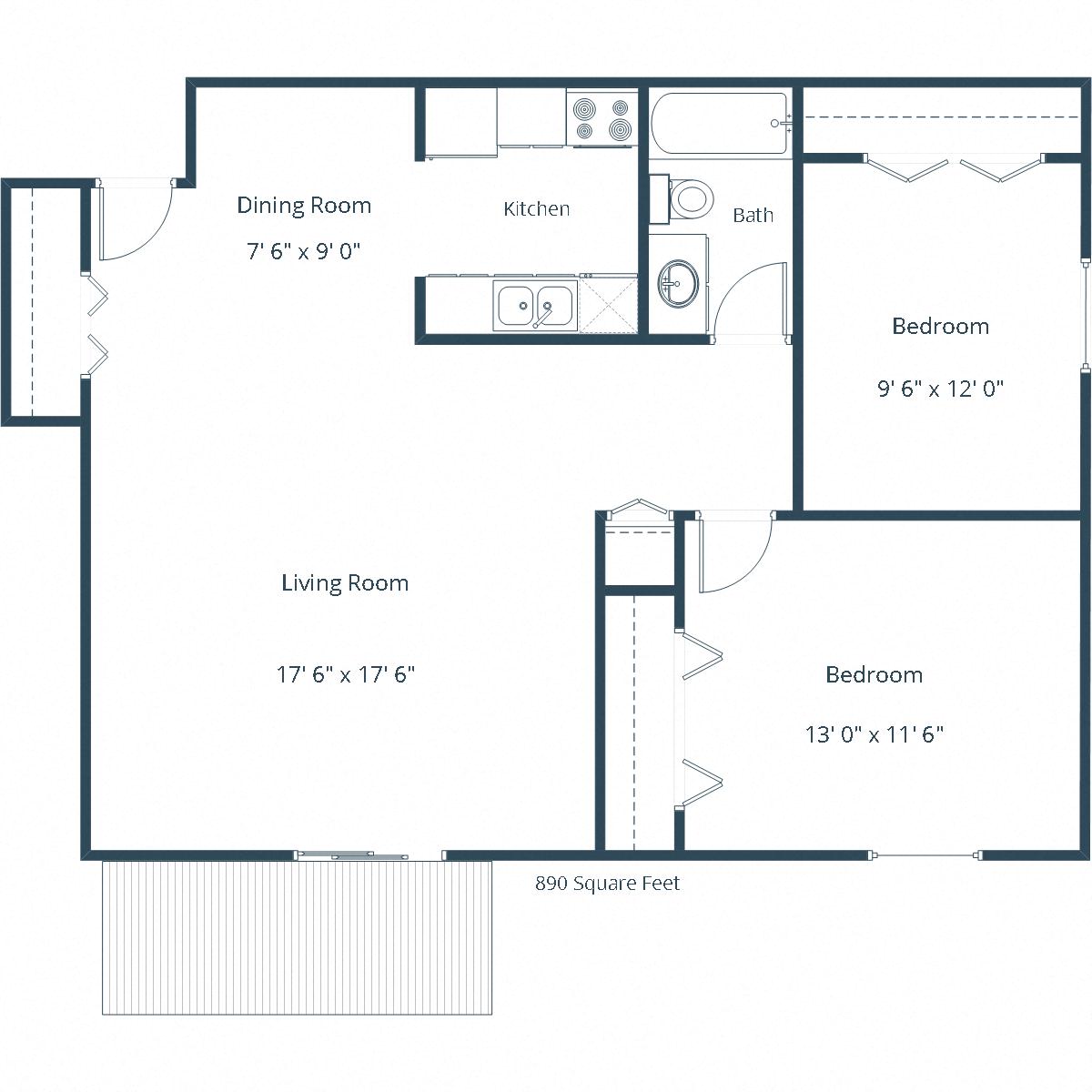 Floor plan for 2 beds, 1 bath, 890 sqft