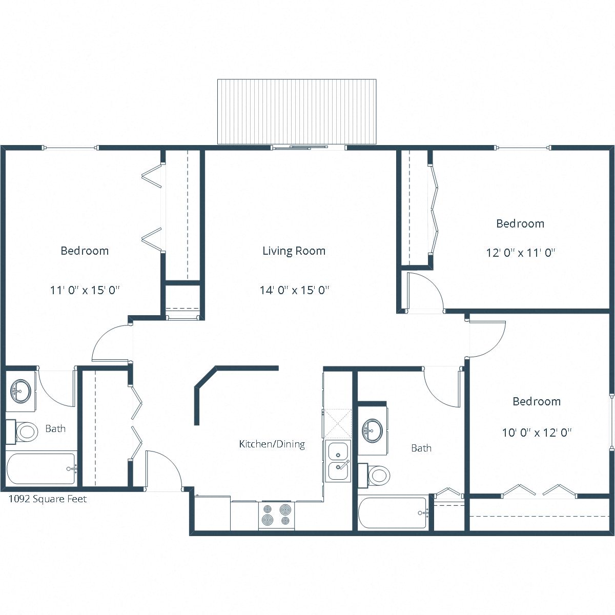 Floor plan for 3 beds, 2 baths, 1096 sqft