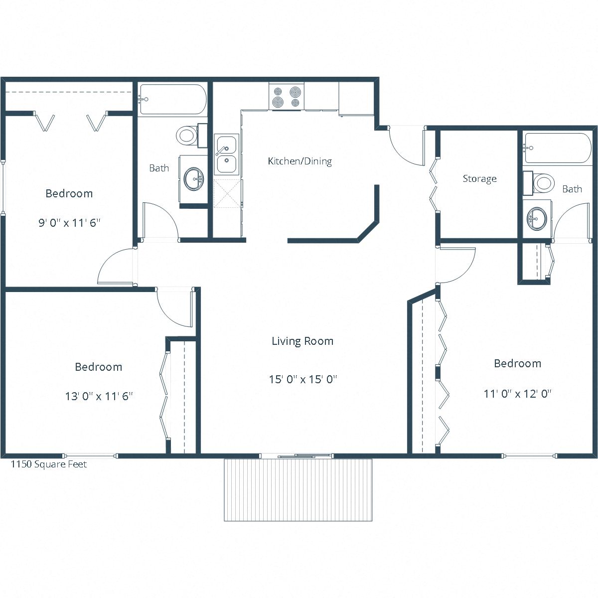Floor plan for 3 beds, 2 baths, 1150 sqft