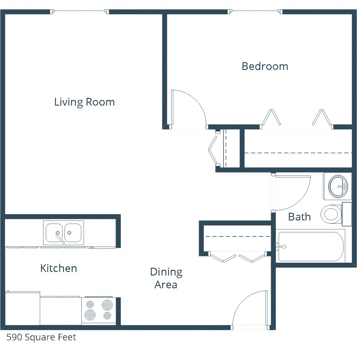Floor plan for 1 bed, 1 bath, 590 sqft